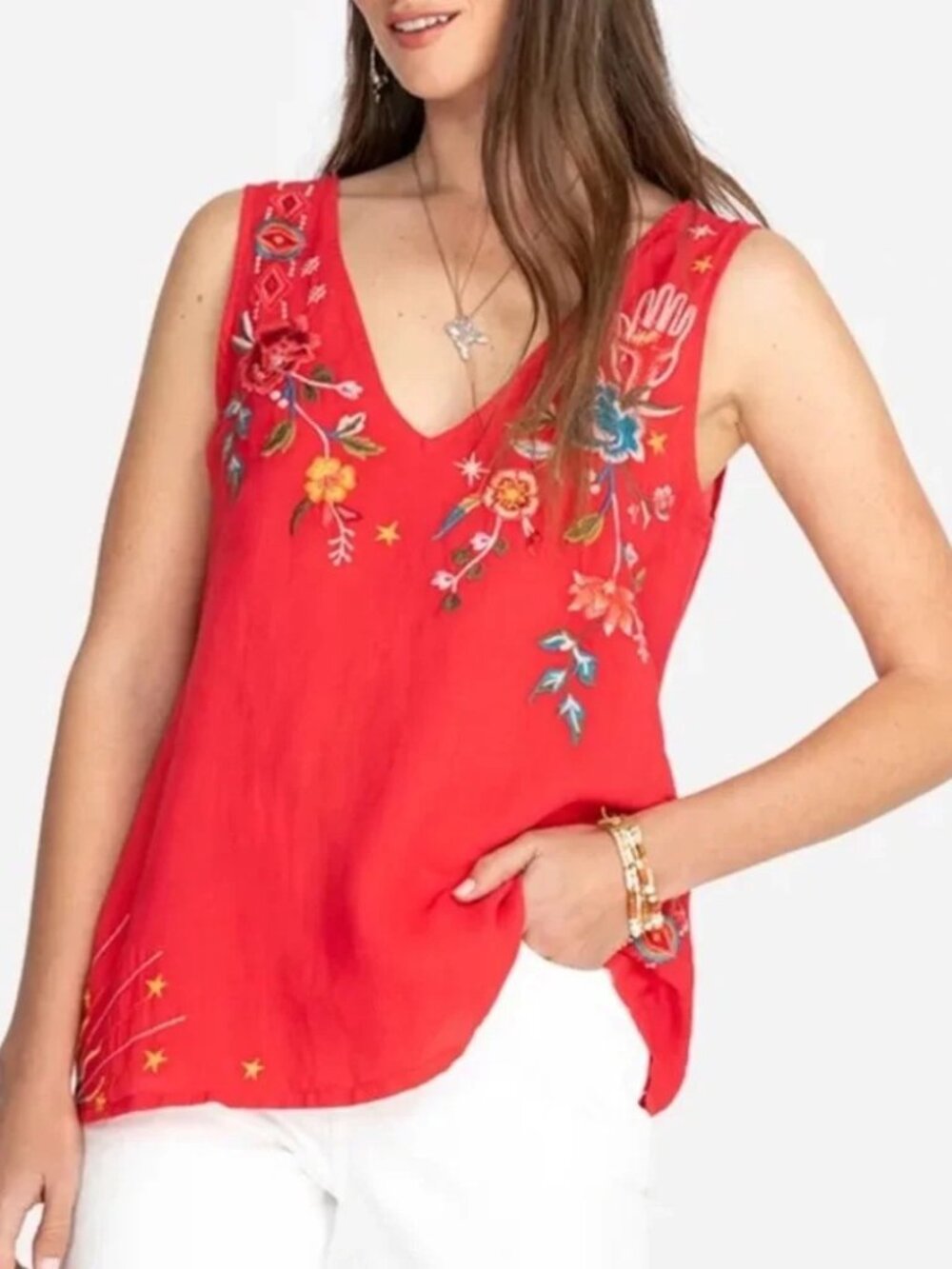 Johnny Was Workshop Cara Top Floral Embroidery Ramie V Neck Tank Size XS